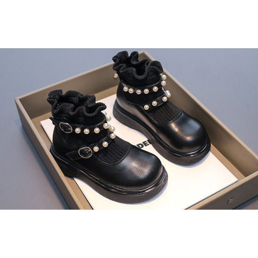 [16~18]フリル×パール キッズブーツ ブラック