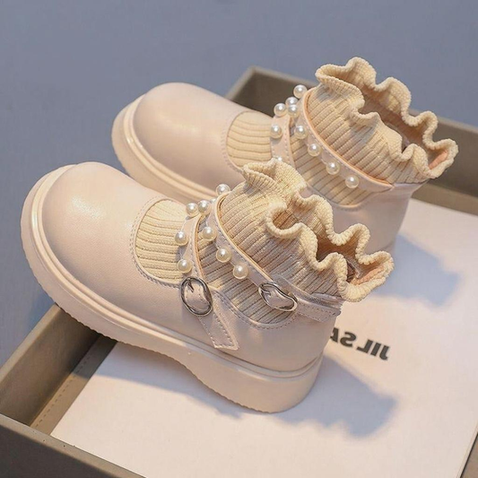 [16~18]フリル×パール キッズブーツ ホワイト