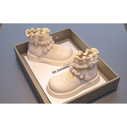 [16~18]フリル×パール キッズブーツ ホワイト