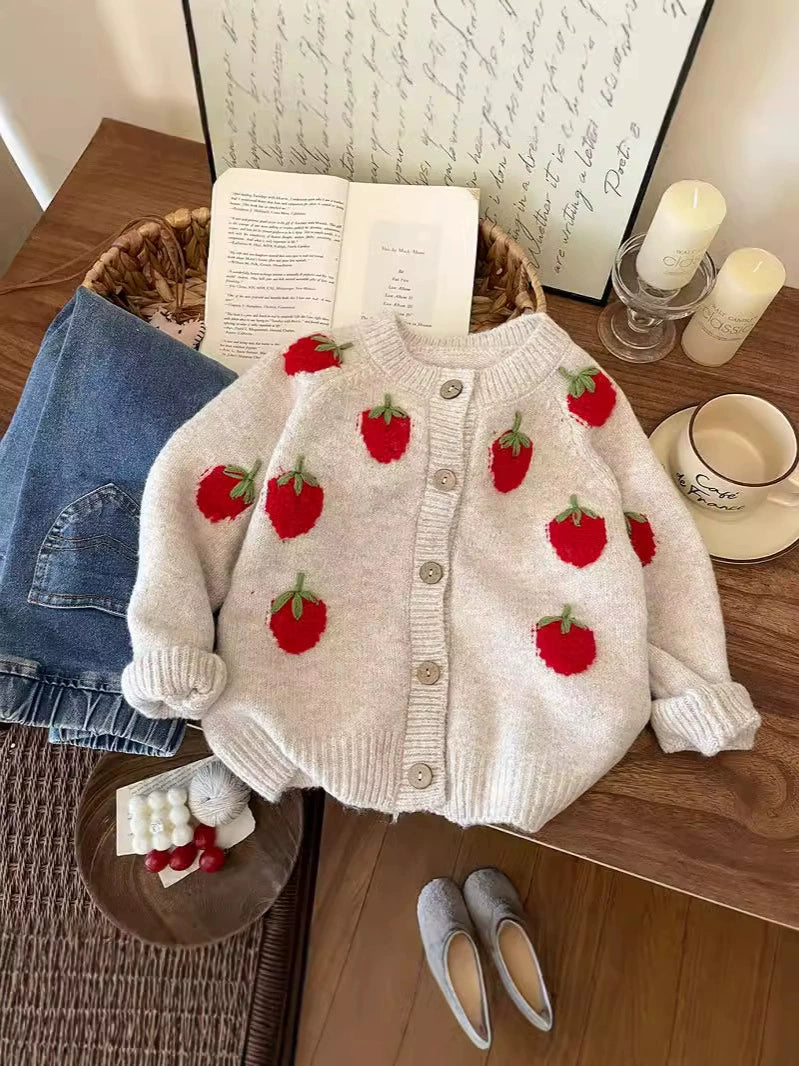 [90~120]いちご刺繍ニットカーディガン