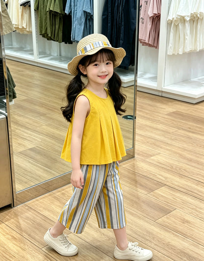 [90~140]サニーストライプ ノースリーブ＆パンツ 3点セット