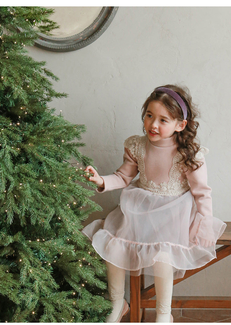 [90~120]レース切り替え×チュールスカートのドッキングワンピース