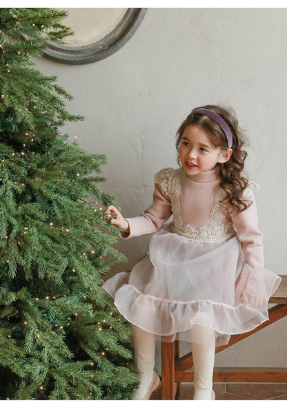 [90~120]レース切り替え×チュールスカートのドッキングワンピース