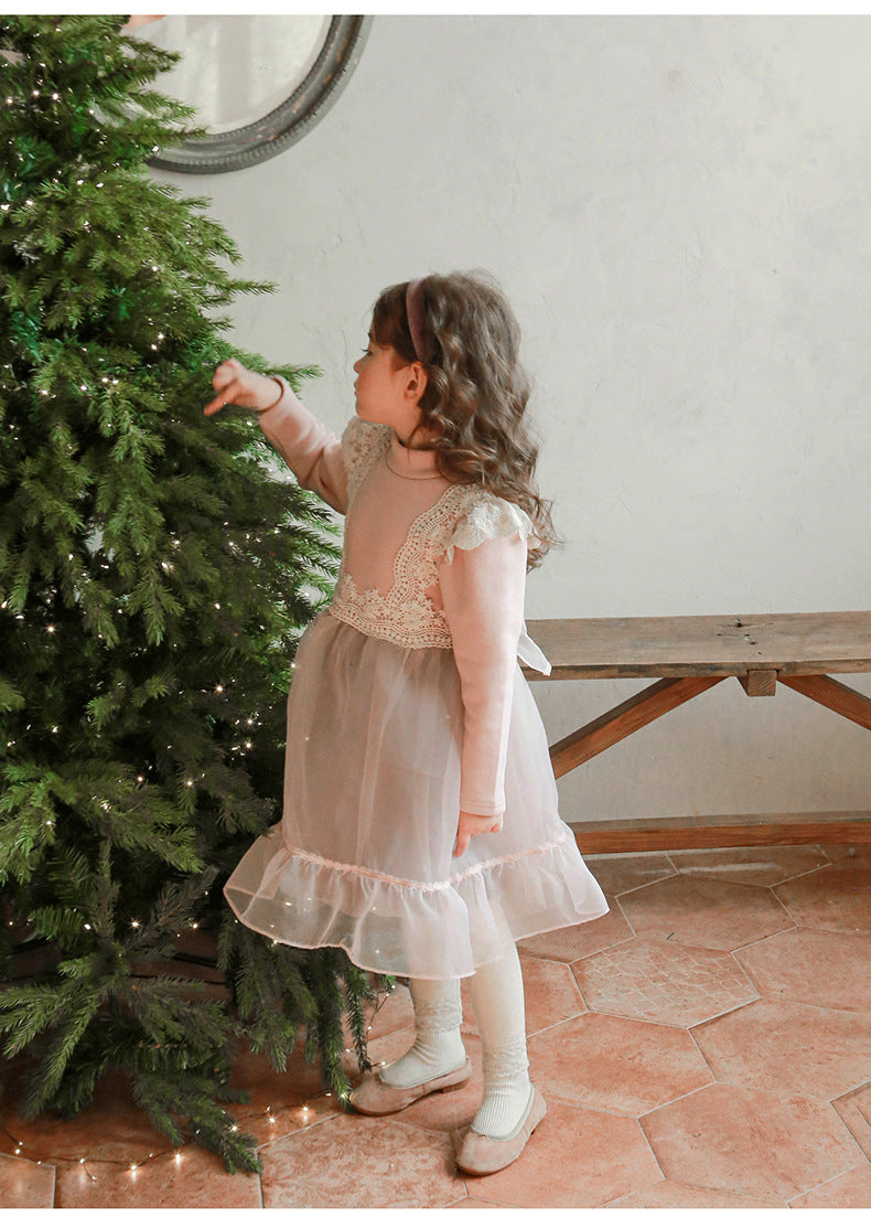 [90~120]レース切り替え×チュールスカートのドッキングワンピース