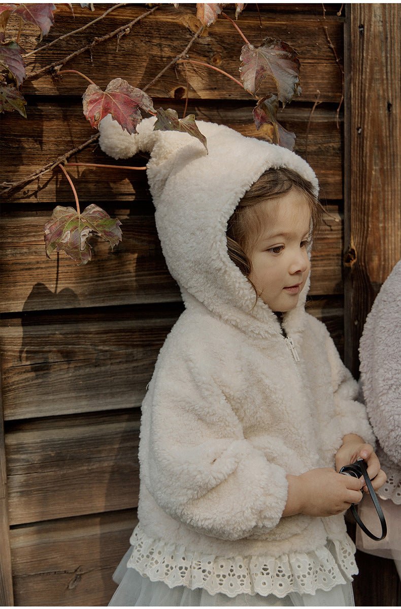 [90~120]ボアフーディジャケット レーストリム付き アイボリー