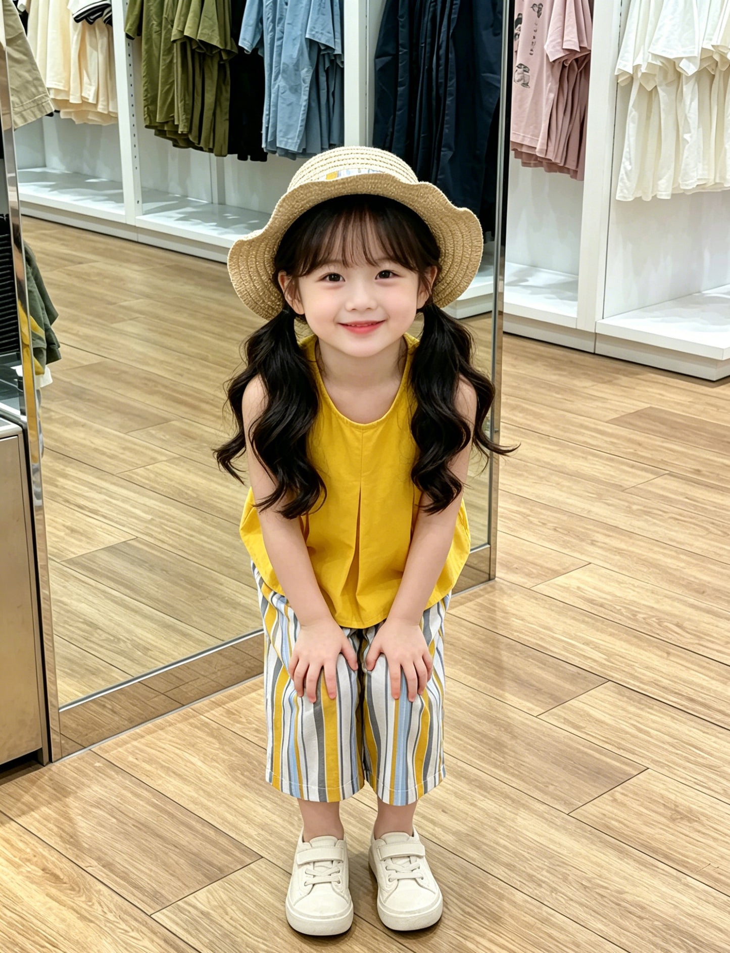 [90~140]サニーストライプ ノースリーブ＆パンツ 3点セット