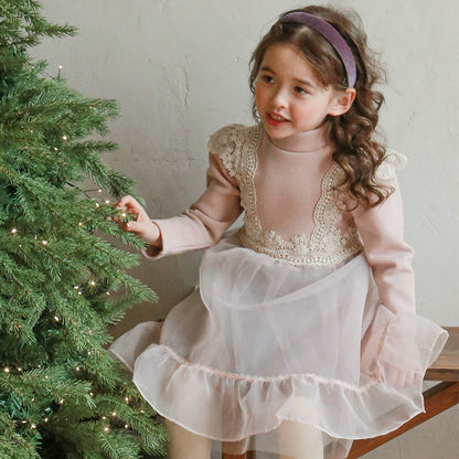 [90~120]レース切り替え×チュールスカートのドッキングワンピース