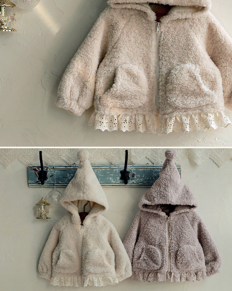 [90~120]ボアフーディジャケット レーストリム付き アイボリー