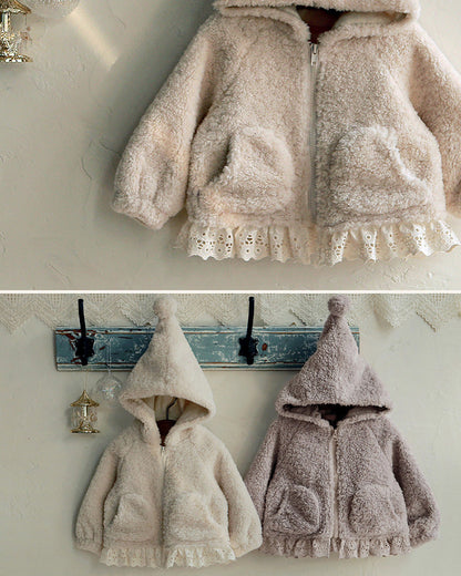 [90~120]ボアフーディジャケット レーストリム付き アイボリー