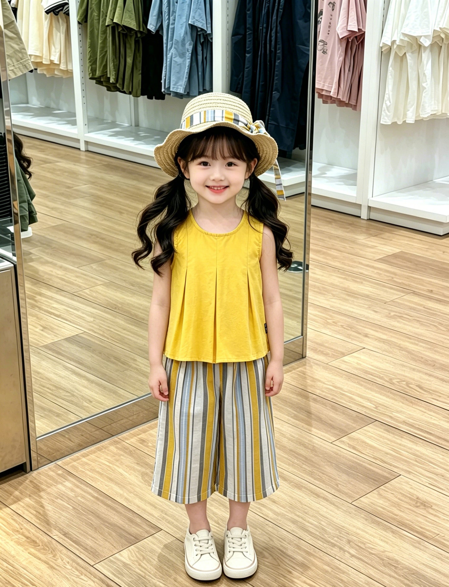 [90~140]サニーストライプ ノースリーブ＆パンツ 3点セット