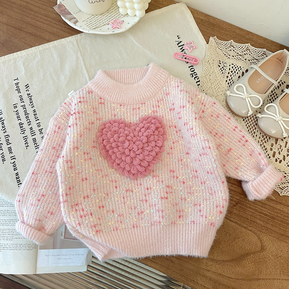 [90~120]ぽこぽこハートニットセーター ピンク