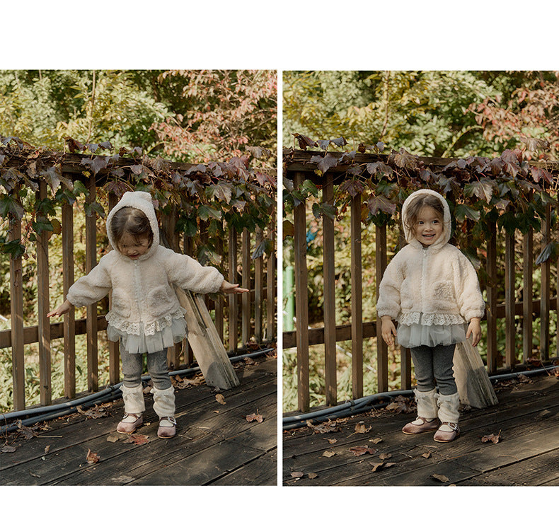 [90~120]ボアフーディジャケット レーストリム付き アイボリー