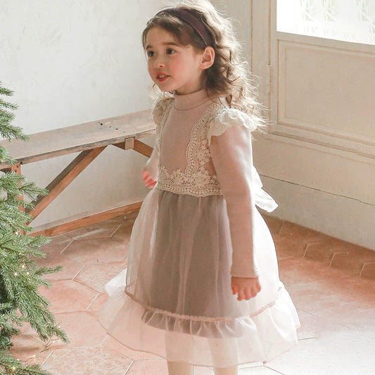 [90~120]レース切り替え×チュールスカートのドッキングワンピース