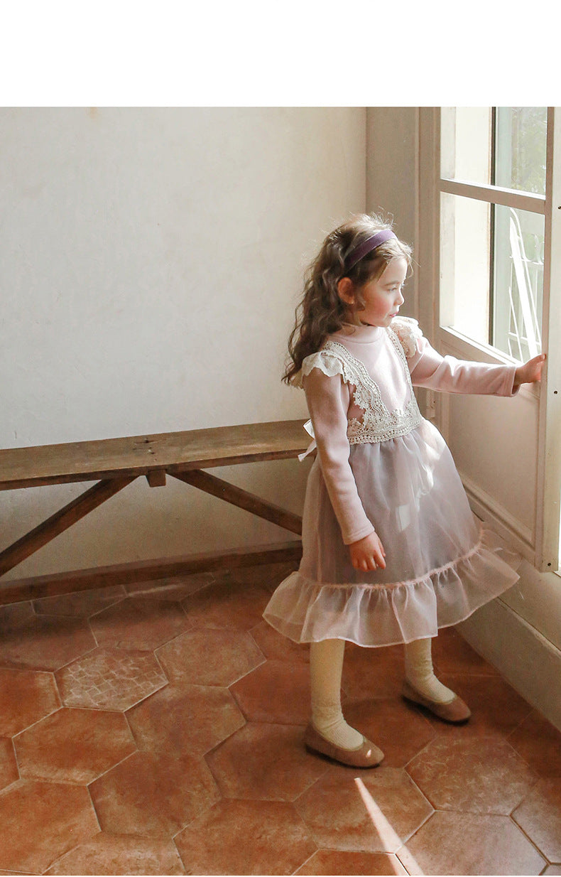 [90~120]レース切り替え×チュールスカートのドッキングワンピース