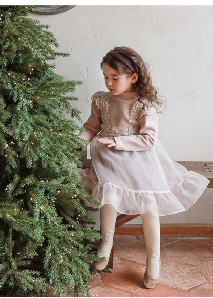 [90~120]レース切り替え×チュールスカートのドッキングワンピース