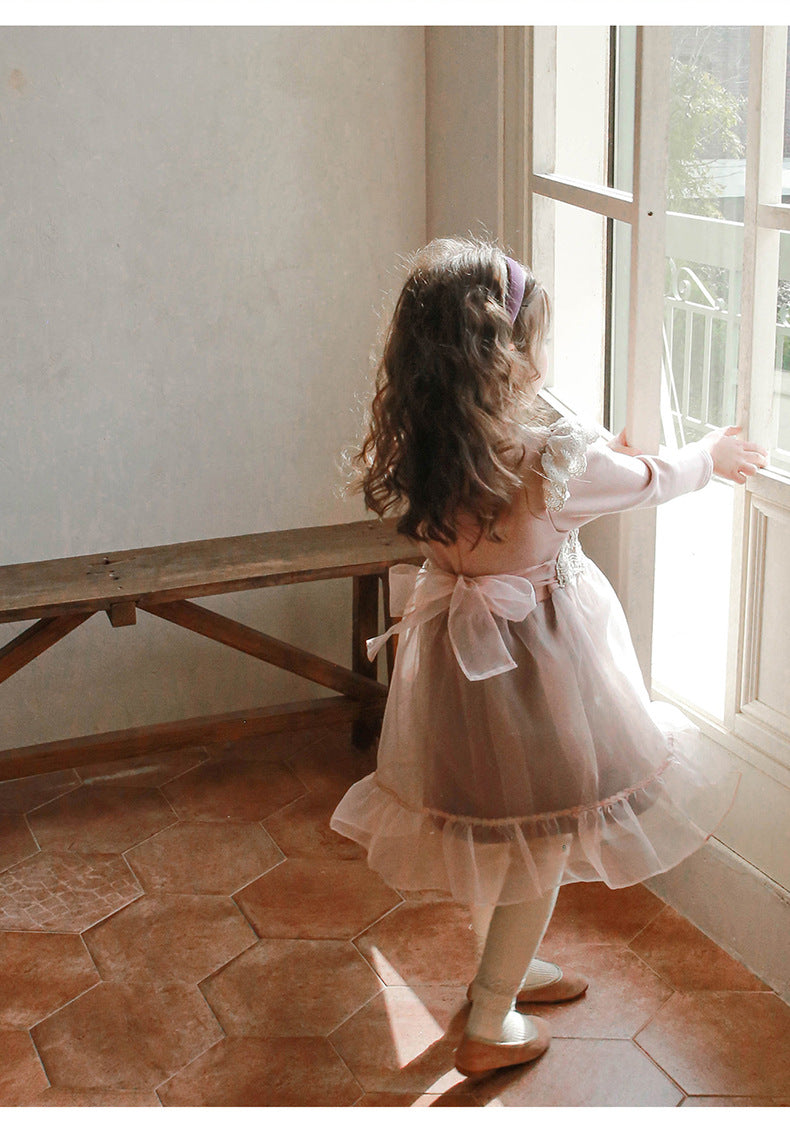 [90~120]レース切り替え×チュールスカートのドッキングワンピース