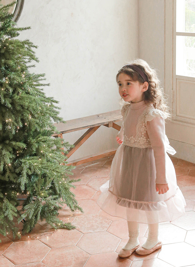 [90~120]レース切り替え×チュールスカートのドッキングワンピース