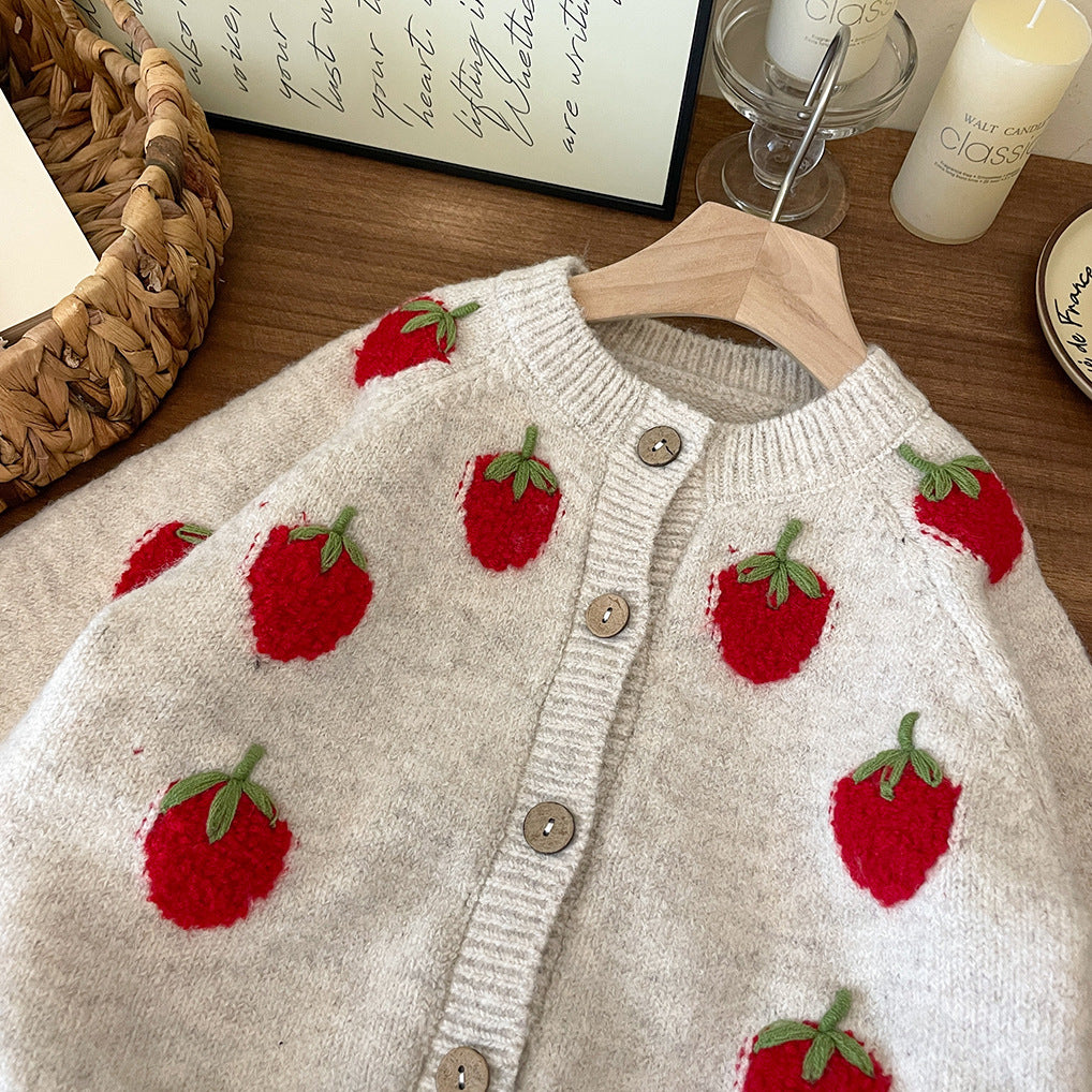 [90~120]いちご刺繍ニットカーディガン
