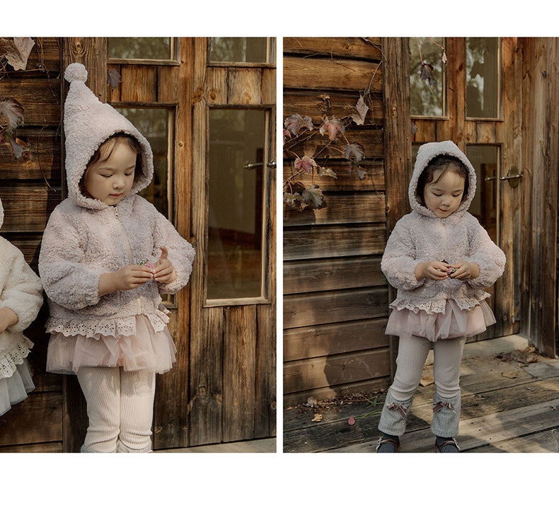 [90~120]ボアフーディジャケット レーストリム付き アイボリー