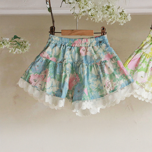 [90~140]レースヘム フローラルショートパンツ ブルー