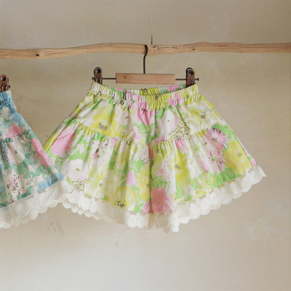 [90~140]レースヘム フローラルショートパンツ グリーン