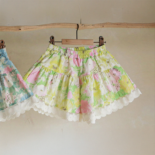 [90~140]レースヘム フローラルショートパンツ グリーン