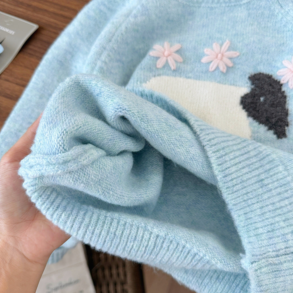 羊と花柄のキッズニットトップス ブルー 生地ディテール